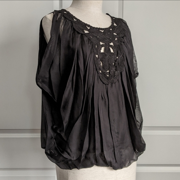 Leon Max Blouse 100% Silk Sleeveless Embroidered Sheer Overlay Lined Black L NWT - Picture 4 of 15